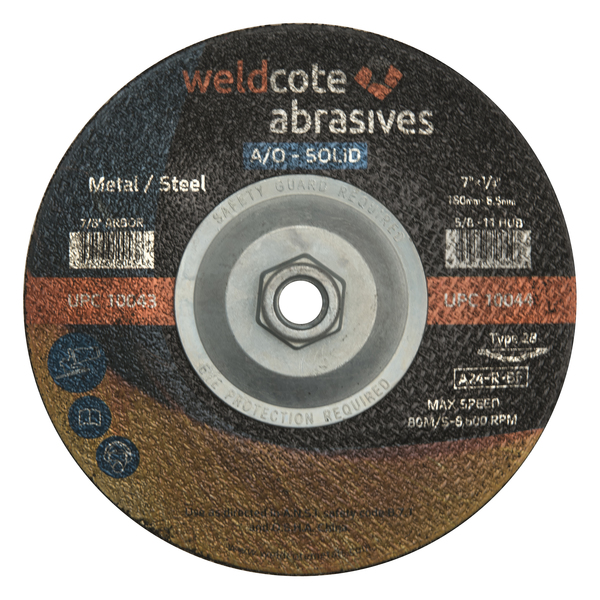 Weldcote Grinding Wheel 7 X 1/4 X 5/8-11 A24-R-Bf Steel T28 A-Solid 10044